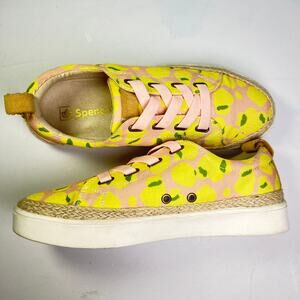 Spenco Lemon Sneakers Size 8 Slip On No Laces Canvas Print Jute Suede Trim
